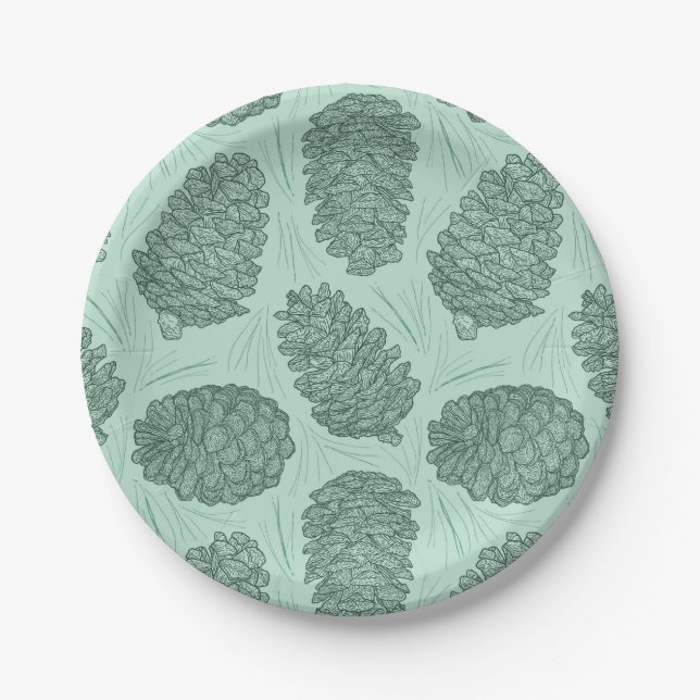 Green Winter Pinecones Paper Plates (Front)