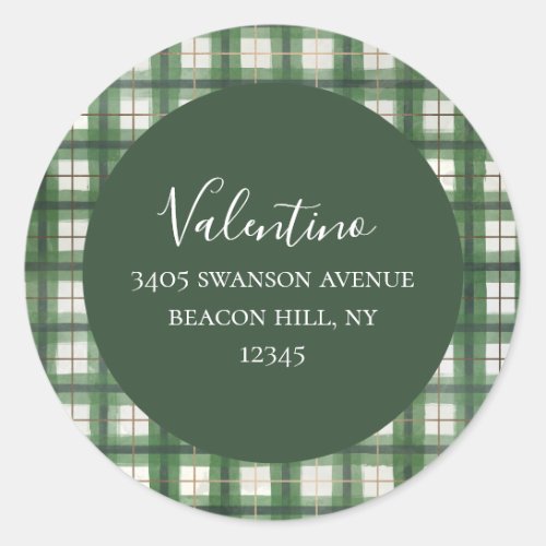 Green Winter Plaid Return Address Round Sticker