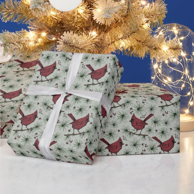Green Winter Red Cardinals Pattern Wrapping Paper (Holidays)