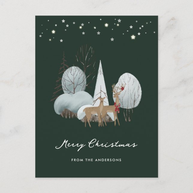 Green Winter Scene Stars Forest Deer Christmas Holiday Postcard (Front)