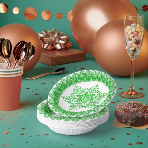 Green Winter Snowflake Lace Edge Paper Bowls