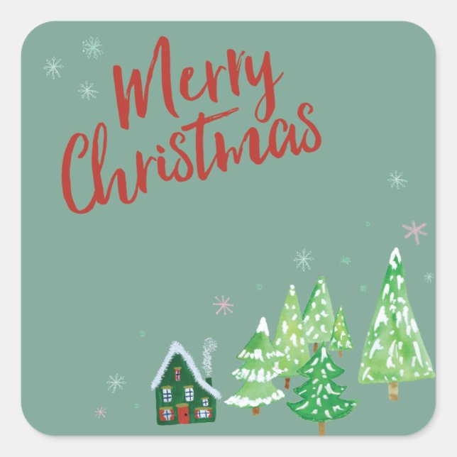 Green Winter Village Merry Christmas Square Sticker (Front)