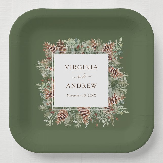 Green Winter Wedding Paper Plates (Hunter Green Mountain Pinecone Evergreen Wedding Paper Plates by Painted Paperie
)