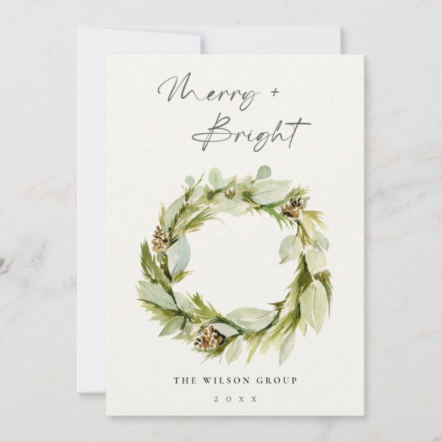 Green Winter Wreath Merry & Bright Christmas Logo Holiday Card (Front)