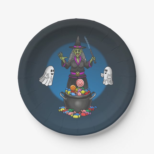 Green Witch and Ghosts Trick or Treat Halloween Paper Plates (Front)