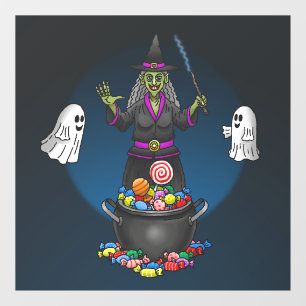 Green Witch and Ghosts Trick or Treat Halloween Window Cling