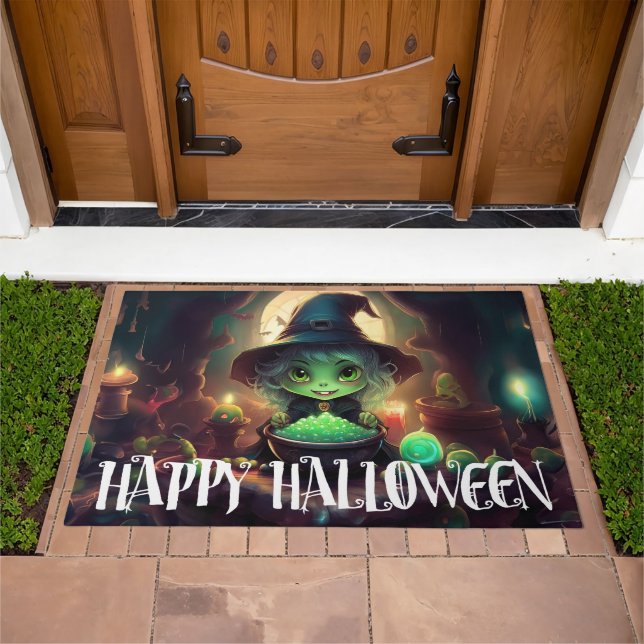 Green Witch Eating Candy Happy Halloween Doormat (Outdoor)