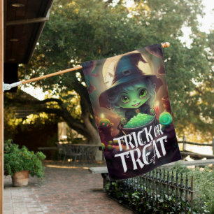 Green Witch Eating Candy Trick or Treat House Flag