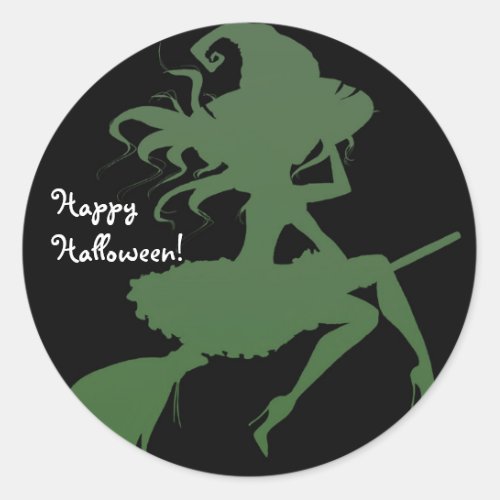 Green Witch Flying Broomstick Halloween Party Classic Round Sticker