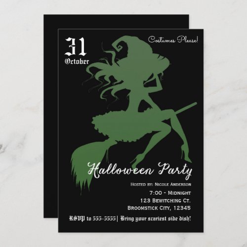 Green Witch Flying Broomstick Halloween Party Invitation