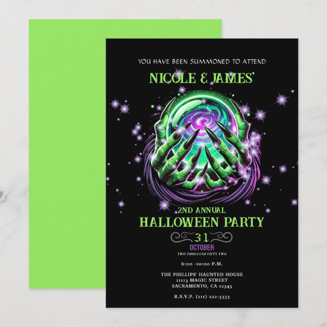 Green Witch Gazing Magic Ball Halloween Party Invitation (Front/Back)