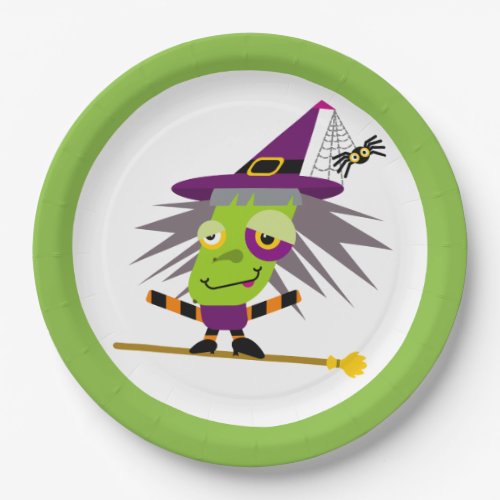 Green Witch Halloween Cartoon Paper Plates