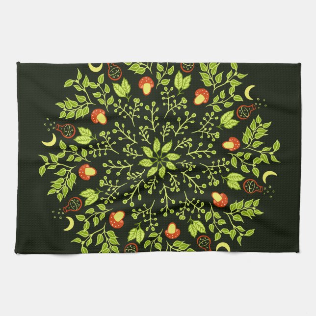 Green Witch Mandala - Potions and Mushrooms Kitchen Towel (Horizontal)