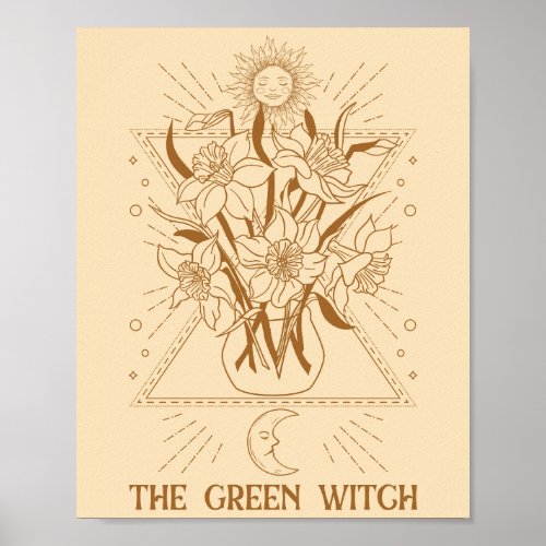 Green witch nature herbs sun moon lily symbols poster