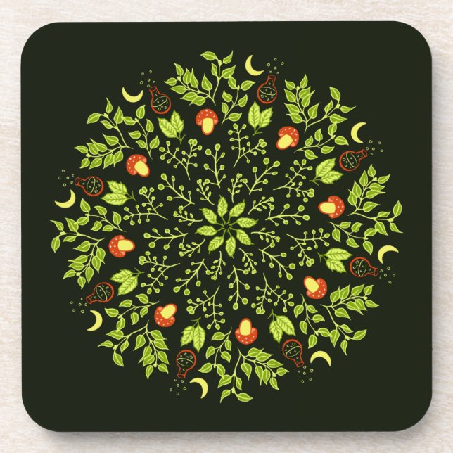 Green witch potion mushroom leaves plants mandala beverage coaster (Front)