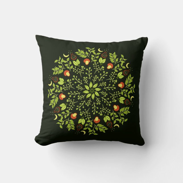 Green witch potion mushroom leaves plants mandala throw pillow (Front)