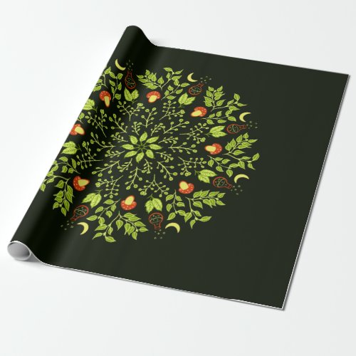 Green witch potion mushroom leaves plants mandala wrapping paper