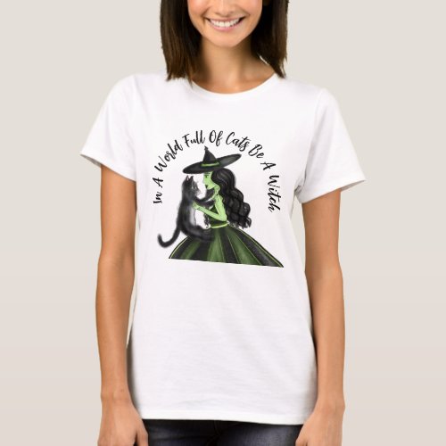 Green Witch With Black Cat Illustration T_Shirt
