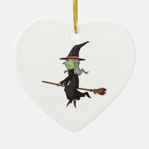 Green Witch with Gray Hair Flying on Broomstick Ceramic Ornament