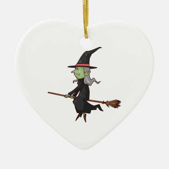 Green Witch with Gray Hair Flying on Broomstick Ceramic Ornament (Front)