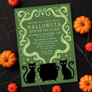 Green Witchy Black Cat Cauldron Halloween Party Foil Invitation