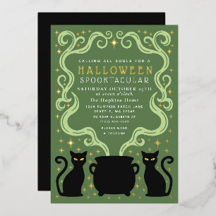 Green Witchy Black Cat Cauldron Halloween Party Foil Invitation