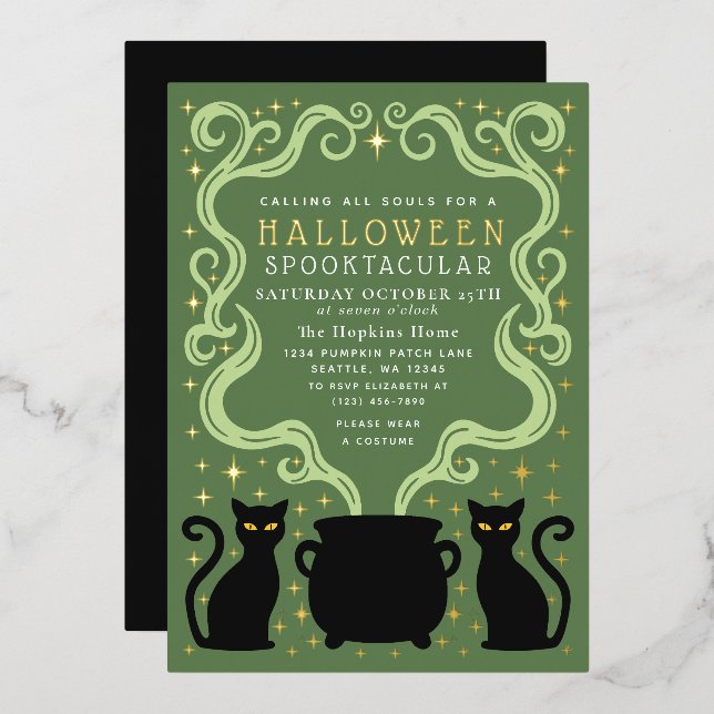 Green Witchy Black Cat Cauldron Halloween Party Foil Invitation (Front/Back)