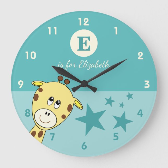 Green with a cute giraffe stars baby name large clock (Front)