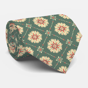 Green with Beige Floral Pattern Neck Tie