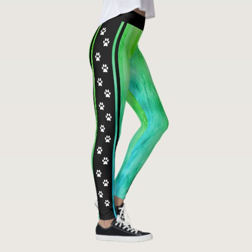 Green with Black and White Paw Print Side Stripe Leggings