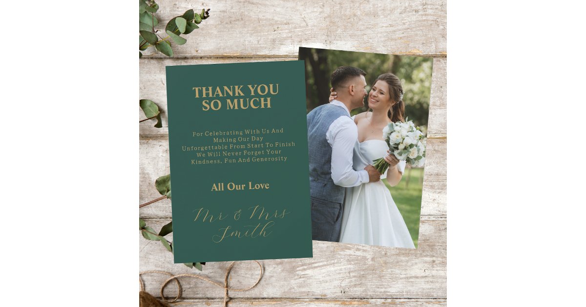 Green With Gold Elegant Script Wedding Photo Thank You Card | Zazzle