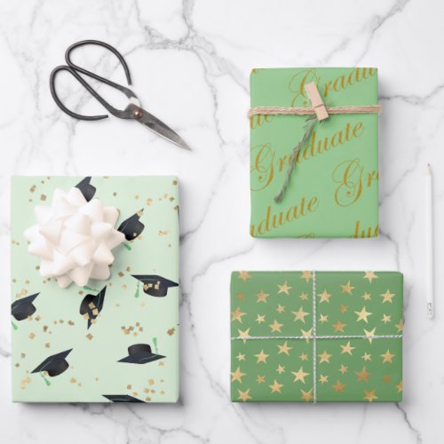 Green With Gold Foil Accents Set of 3 Graduation   Wrapping Paper Sheets