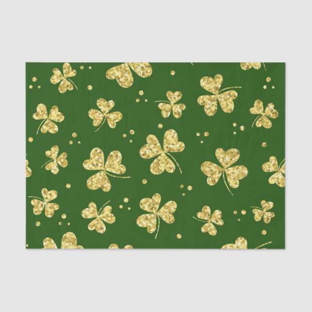 GREEN WITH GOLD GLITTER LOOK IRISH SHAMROCKS TISSUE PAPER (Front)