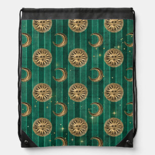 GREEN WITH GOLD GOTHIC SUNS AND MOONS DRAWSTRING BAG