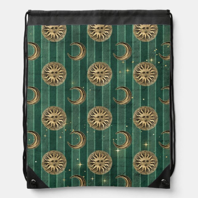 GREEN WITH GOLD GOTHIC SUNS AND MOONS DRAWSTRING BAG (Front)