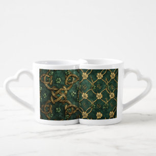 GREEN WITH GOLD IRISH CELTIC KNOTS & WEAVES COFFEE MUG SET