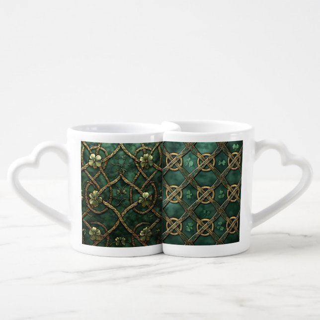 GREEN WITH GOLD IRISH CELTIC KNOTS & WEAVES COFFEE MUG SET (Front Nesting)