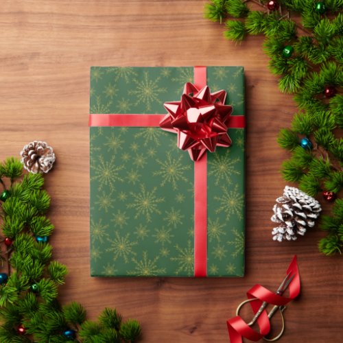 Green with gold snowflakes holiday wrapping paper