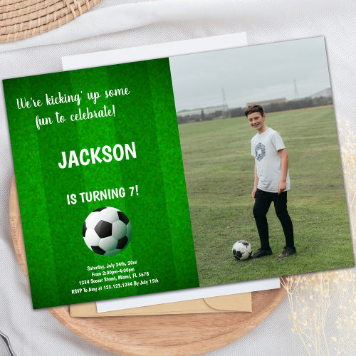 Green With Line Soccer Birthday Invitations w phot