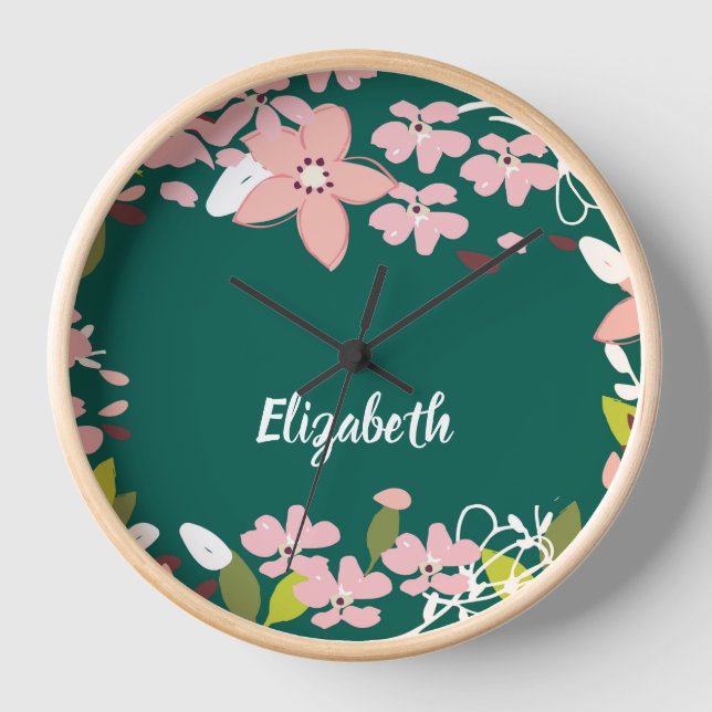 Green with Pink Flowers Personalized Clock (Front)