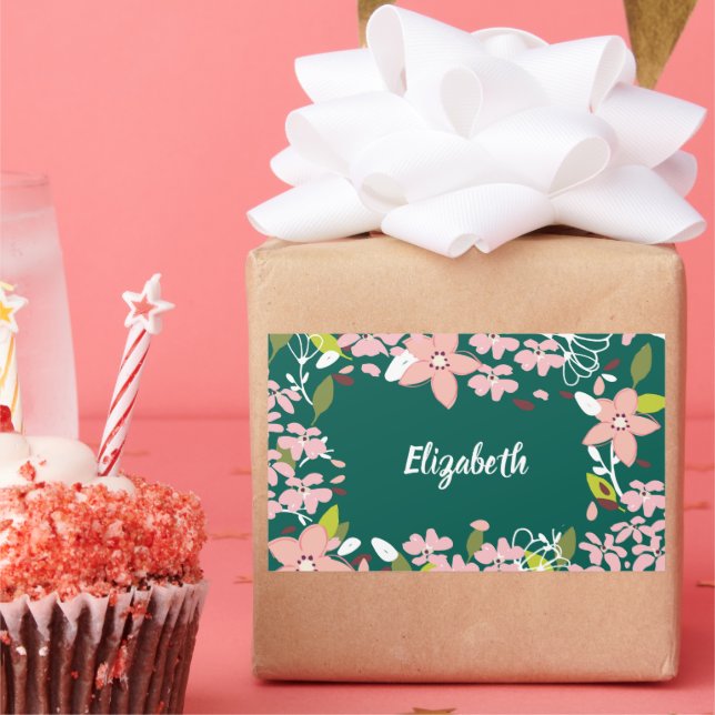Green with Pink Flowers Personalized Rectangular Sticker (Party)