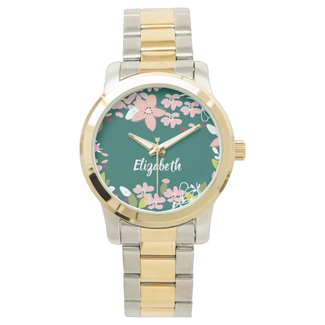Green with Pink Flowers Personalized Watch (Front)