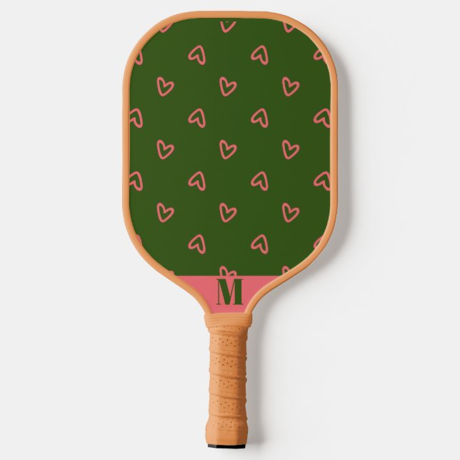 Green with Pink Hearts Modern Monogram Pickleball Paddle (Back)