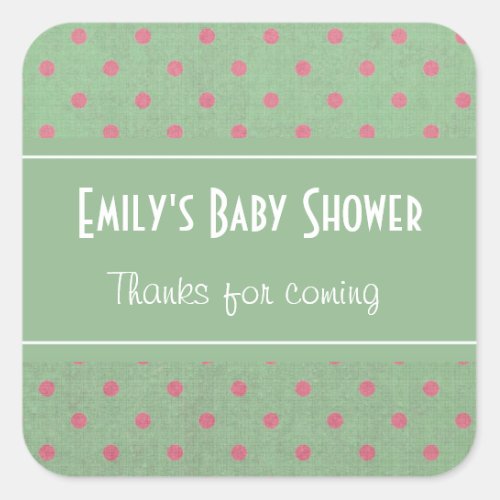 Green with Pink Polka Dots Baby Shower Square Sticker