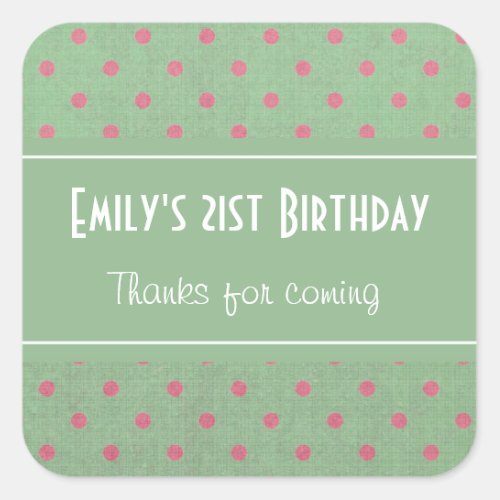 Green with Pink Polka Dots Birthday Thank You Square Sticker