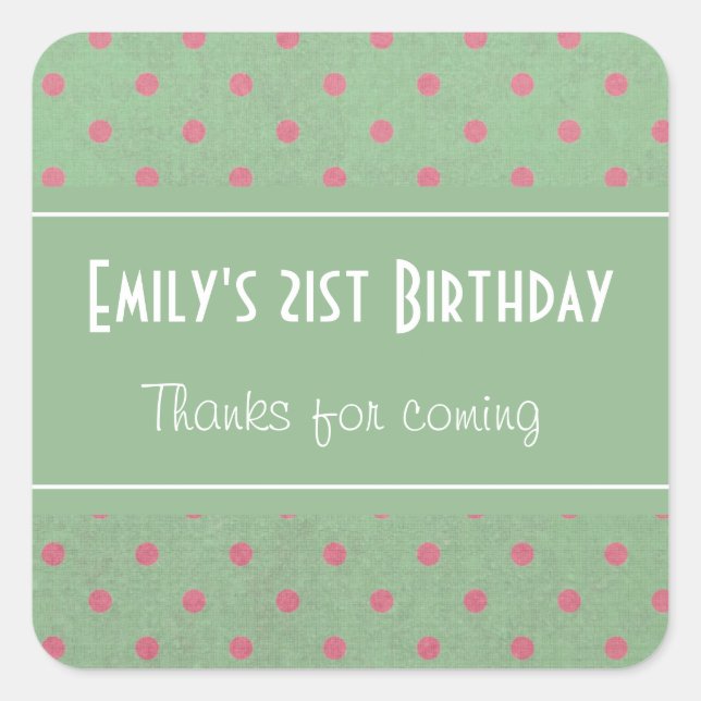 Green with Pink Polka Dots Birthday Thank You Square Sticker (Front)