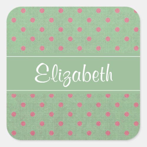 Green with Pink Polka Dots Personalized Square Sticker