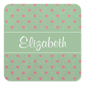 Green with Pink Polka Dots Personalized Square Sticker