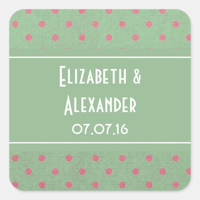 Green with Pink Polka Dots Wedding Favor Square Sticker (Front)