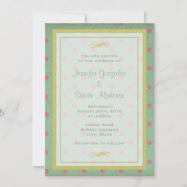 Green with Pink Polka Dots Wedding Invitation (Front)